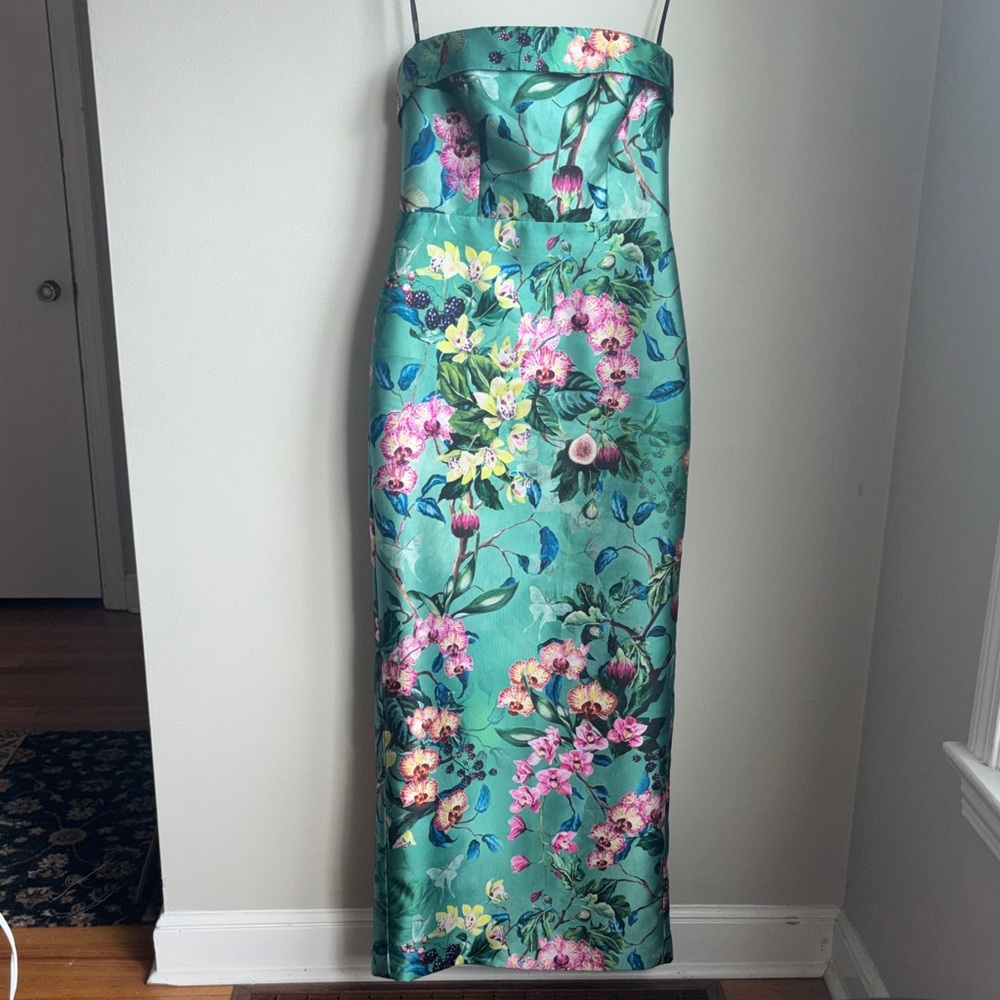 Theia Strapless Floral Dress in Green and Pink. Formal Maxi gown